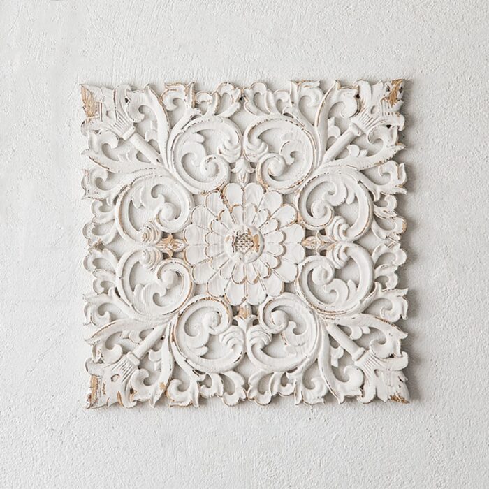 560mm French Country Square Wood Wall Decor Distressed White Carved Flower