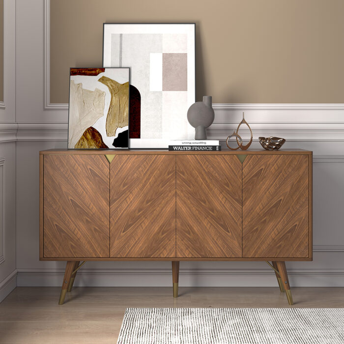 Capet Mid-Century 63" Walnut Sideboard Buffet 4-Door Kitchen Cabinet Adjustable Shelves