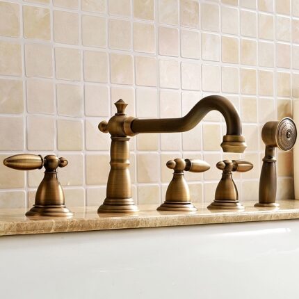 Deck Mounted Roman Bathtub Faucet with Handshower Solid Brass in Antique Brass