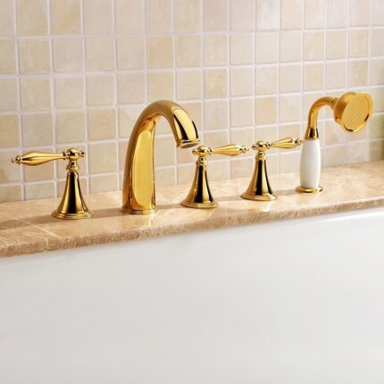 Deck Mounted Roman Bathtub Faucet with Handshower Solid Brass in Gold