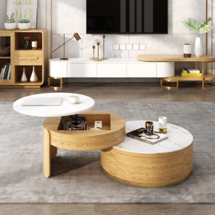 Modern Round Coffee Table with Storage Lift-Top Wood & Stone Coffee Table with 2 Drawers