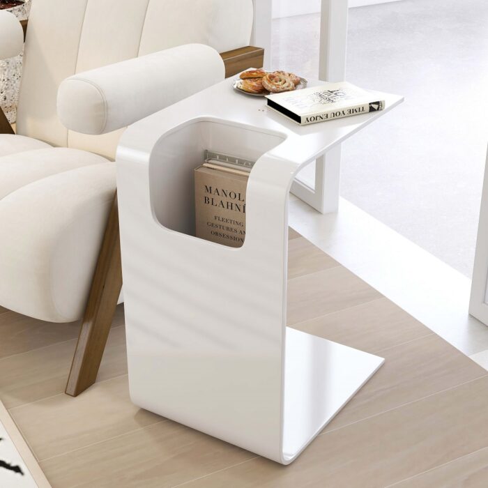 Oak Wood C-Style End Table with Magazine Rack Organizer C Side Table in White