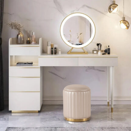 Off-white Makeup Vanity Set Dressing Table with Lighted Mirror Cabinet & Stool Included