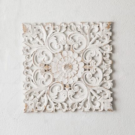 560mm French Country Square Wood Wall Decor Distressed White Carved Flower