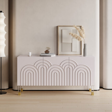 Pink Credenza Cabinet 3-Door Wavy Pattern Sideboard Acrylic Legs