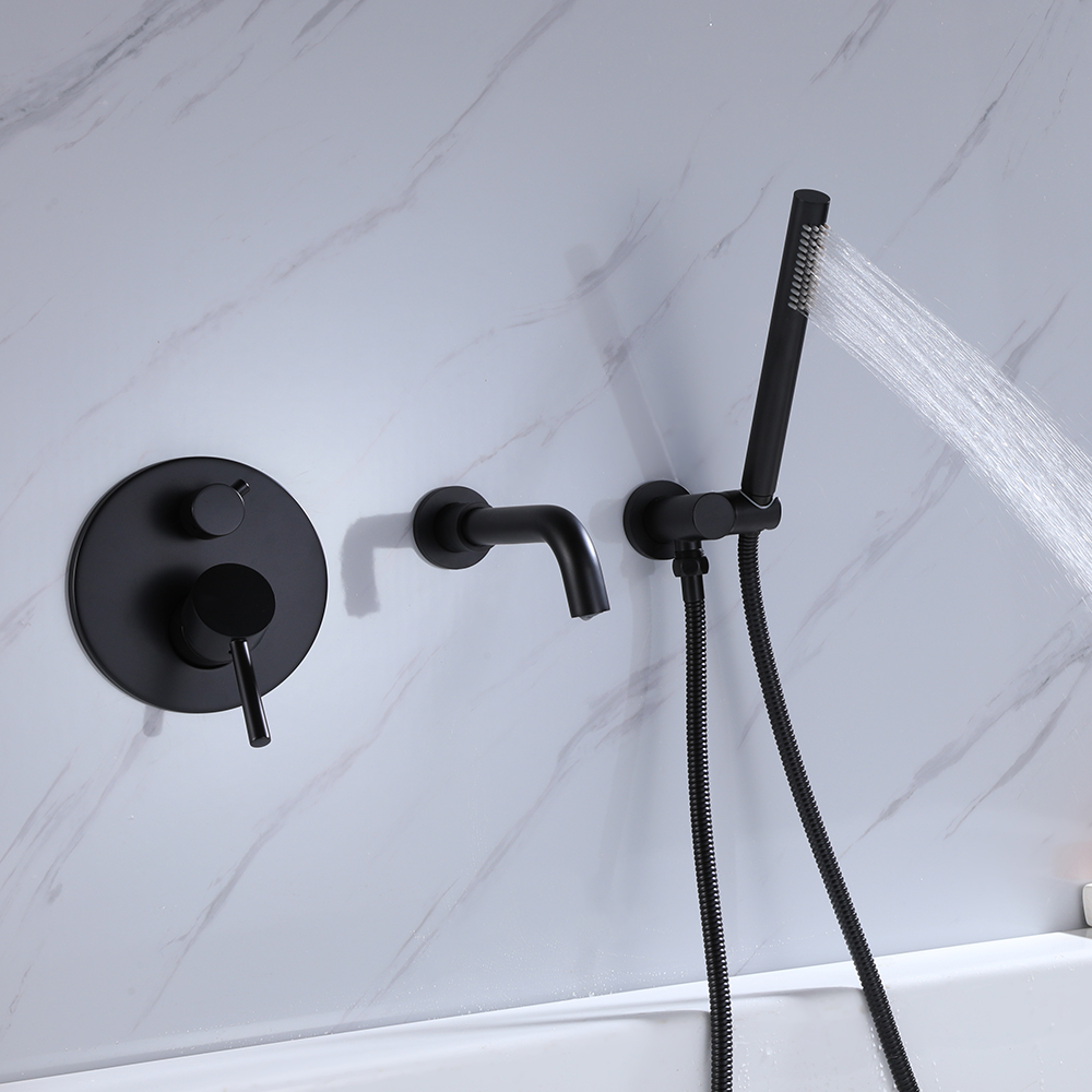 Stev Modern Wall-Mount Matte Black Bathtub Filler Faucet with Handshower Solid Brass