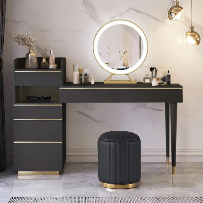 Modern Black Makeup Vanity Set Dressing Table with Lighted Mirror Cabinet & Stool