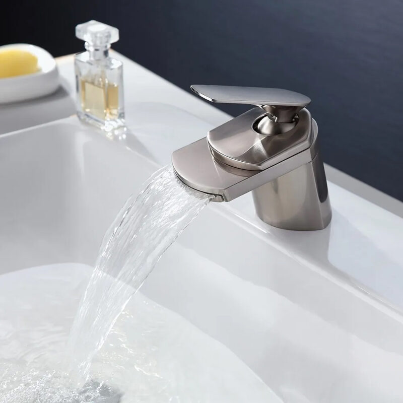 Modern 1-Hole Waterfall Bathroom Sink Faucet Single Handle in Brushed Nickel Solid Brass
