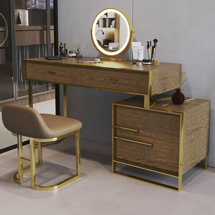 Modern Walnut Makeup Vanity Set with Drawers & Cabinet Dressing Table Mirror & Stool