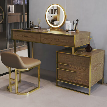 Modern Walnut Makeup Vanity Set with Drawers & Cabinet Dressing Table Mirror & Stool