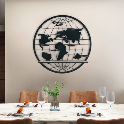 Wall World Map Metal Wine Rack with Wood Shelf Wall Mounted Wine Rack in Black