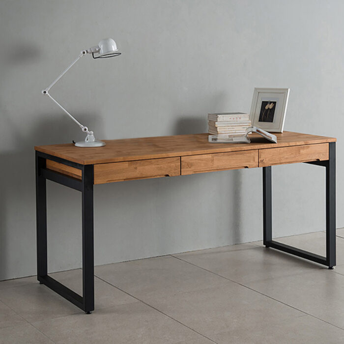 47.2" Rustic Wooden Natural & Black Office Desk with Drawers & Metal Legs