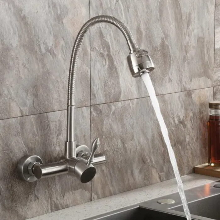 Brushed Nickel Wall Mount Stainless Steel Kitchen Faucet with Dual Function Sprayer