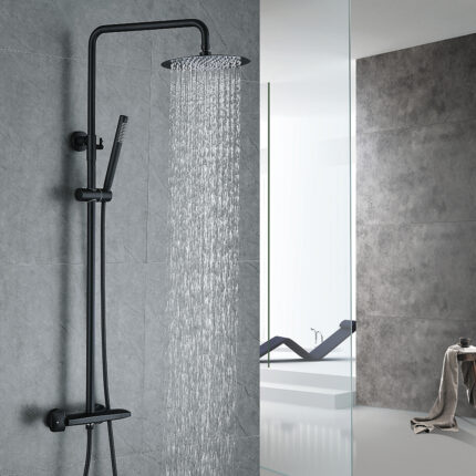 Contemporary Shower System Thermostatic Matte Black Solid Brass Rainfall Shower Head