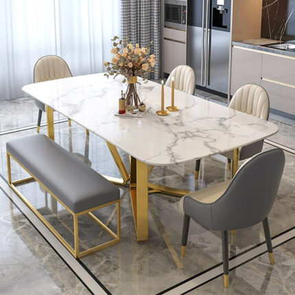 Marby Modern Rectangle 63" Faux Marble Dining Table Gold Base Stainless Steel