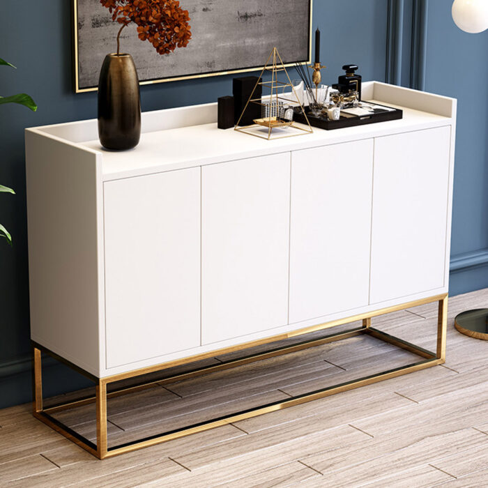 Modern 47" White Buffet Sideboard Kitchen Sideboard Cabinet with 4 Doors in Gold