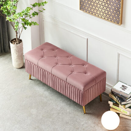 Modern Velvet Storage Bench Flip Top in Pink with Gold Legs