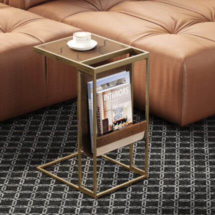 Genuine Leather Metal Side Table with Magazine Rack End Table