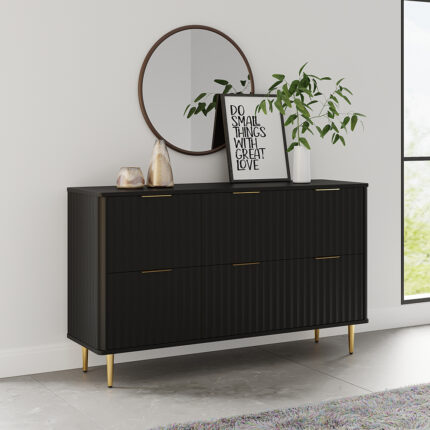 Modern 6-Drawer Black Fluted Dresser Chest wtih Storage for Bedroom