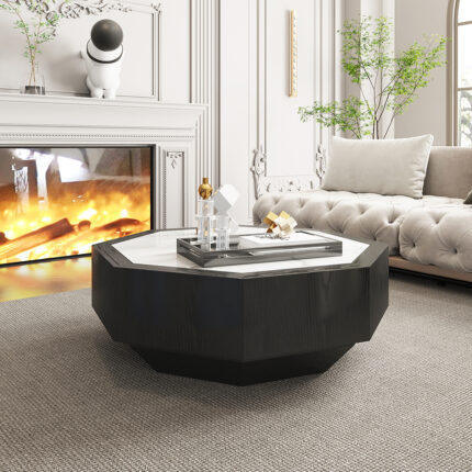 Wood Octagonal Coffee Table Rotating in Black with 2 Drawers Sintered Stone Top