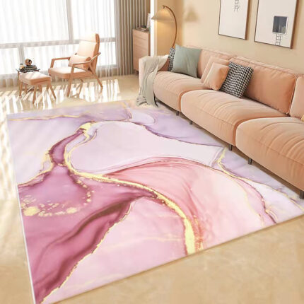 Pink and Gold Abstract Modern Polyester Area Rug Living Room 4' x 5' Flowing Pattern