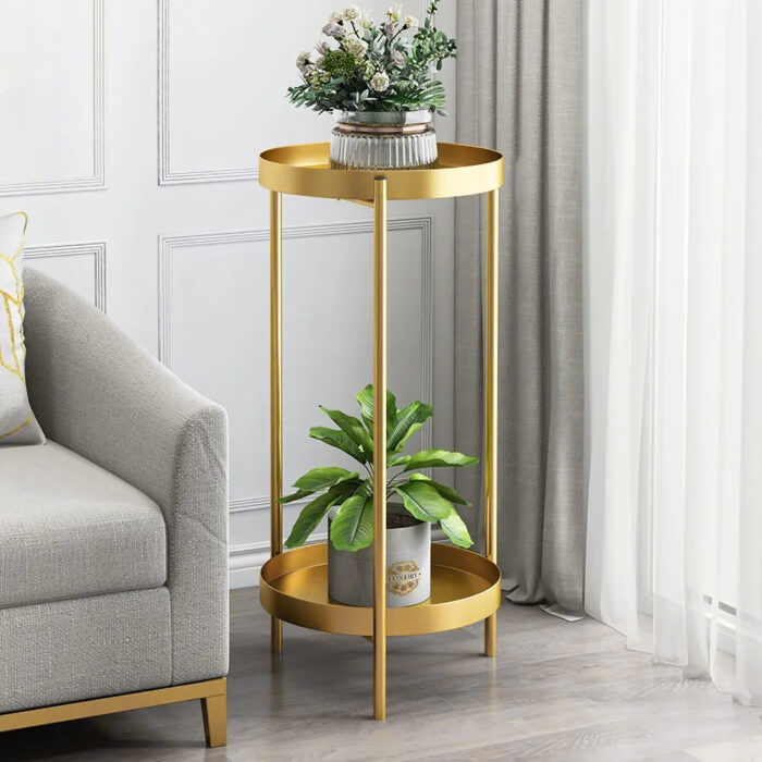 Round Metal Plant Stand 2-Tiered Gold Plant Pot Stand for Indoor in Large