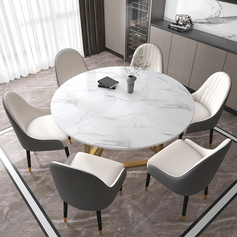 53" White Modern Round Faux Marble Dining Table with Stainless Steel Base